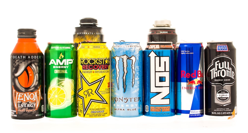 Collection of energy drinks that can be harmful to your teeth.